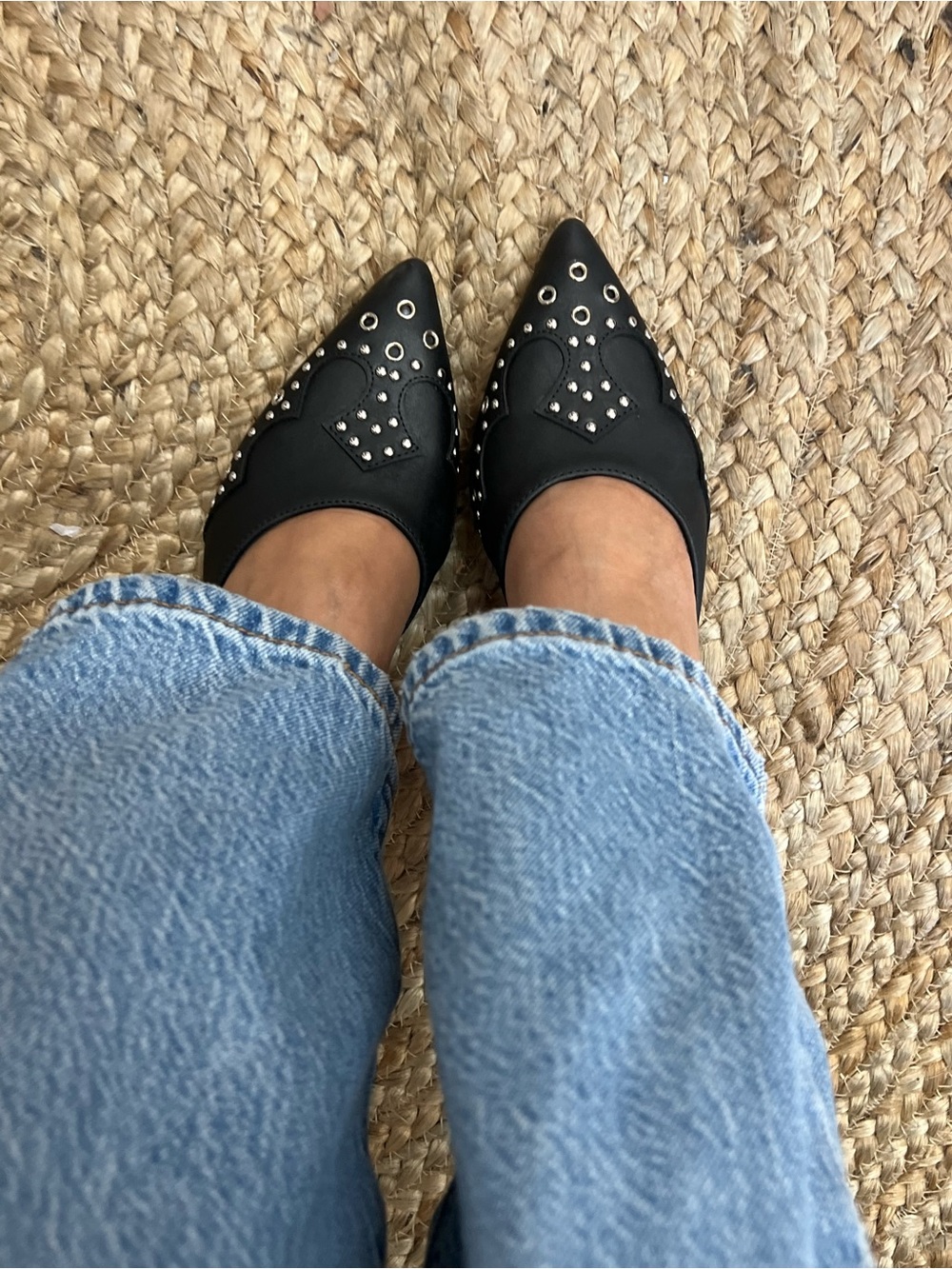 Black Pointed-Toe Slingback Heels with Silver Stud Accents - Picture 3 of 8